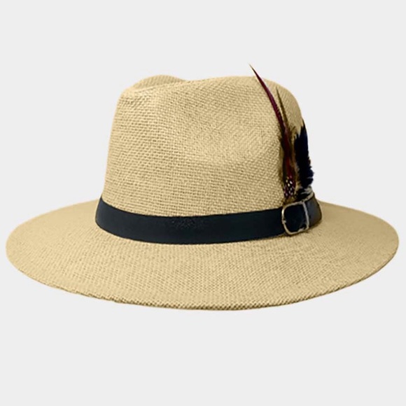 Feather Faux Leather Band Accented Panama Sun Hat - Picture 1 of 1